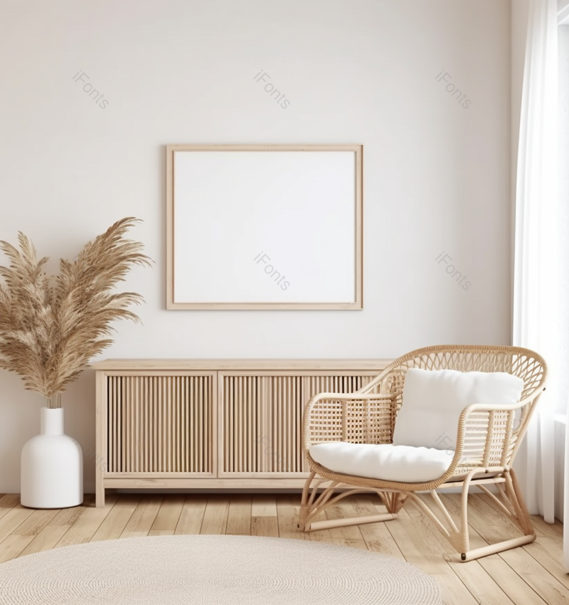 浅黄色原木色座椅装饰画边柜室内装修设计,高清,摄影图,摄影图片,图片大全,摄影图免费下载